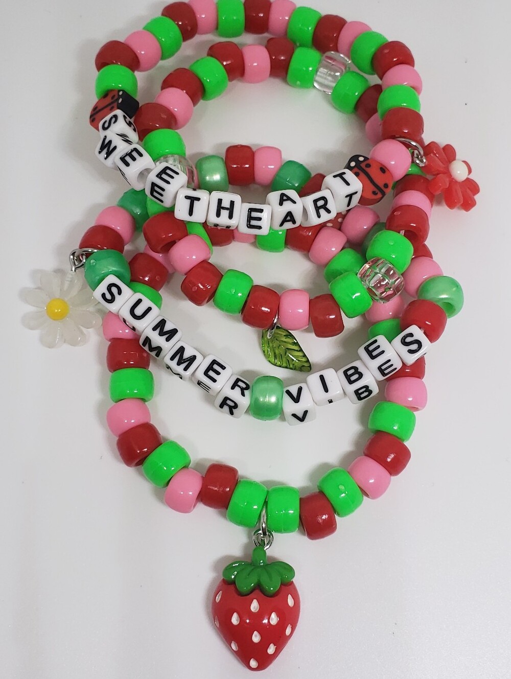 Handmade Pink Red Green Strawberry Sweetheart Summer Stackable Kandi Bracelets